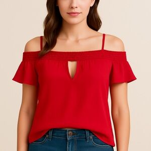 Ganji Elegant Red Off-Shoulder Blouse.  With ruffled sleeves and lace trim